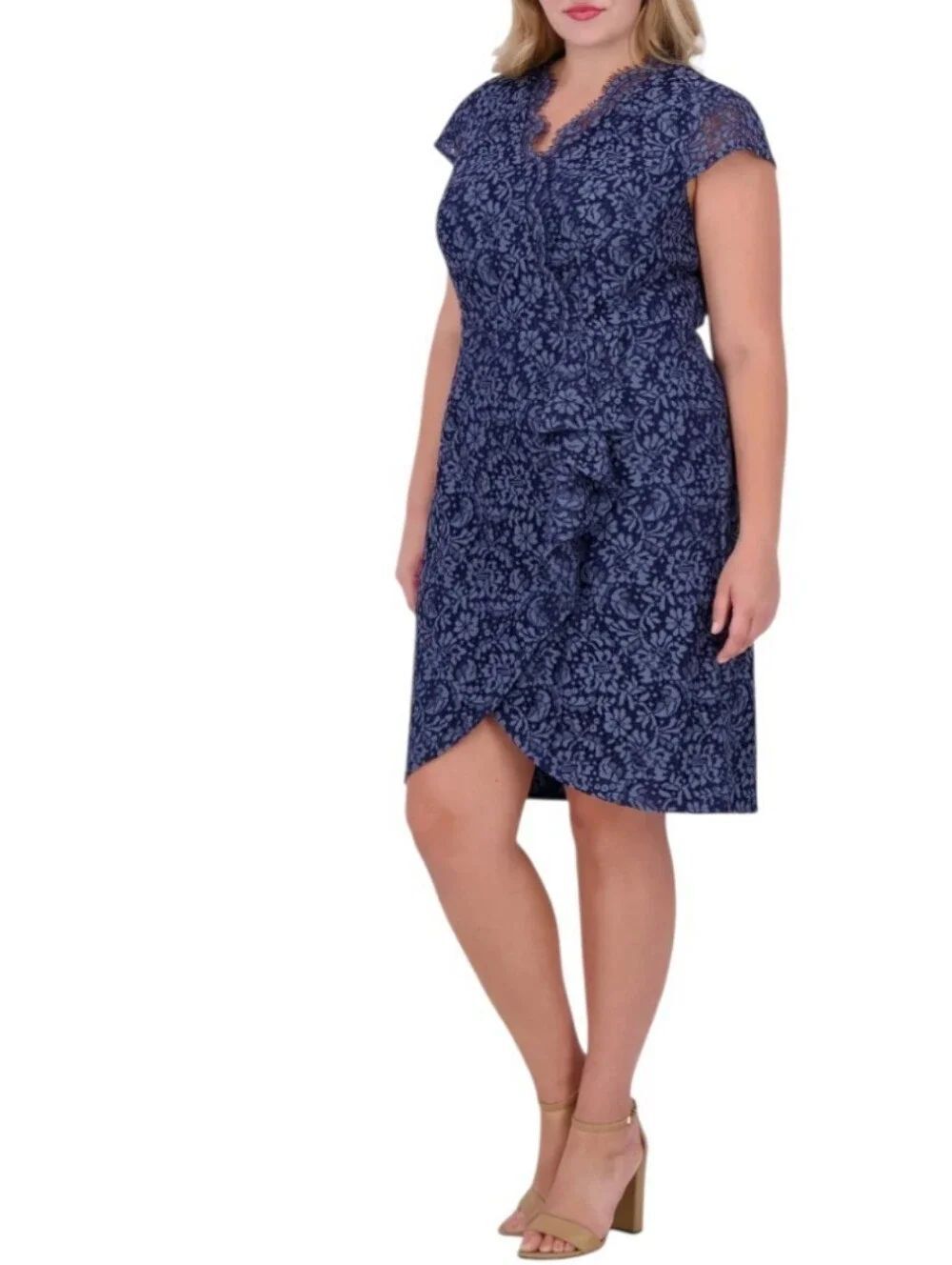 Vince Camuto Scallop Ruffle Sheath Dress Navy Floral Lace Faux Wrap Midi NEW